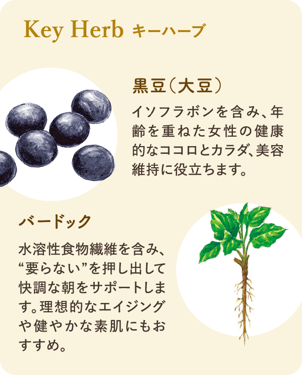 キーハーブ：黒豆（大豆）：イソフラボンを含み、年齢を重ねた女性の健康的なココロとカラダ、美容維持に役立ちます。バードック：水溶性食物繊維を含み、”要らない”を押し出して快調な朝をサポートします。理想的なエイジングや健やかな素肌にもおすすめです。