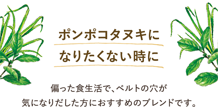 ポンポコタヌキに なりたくない時に偏った食生活で、ベルトの穴が気になりだした方におすすめのブレンドです。