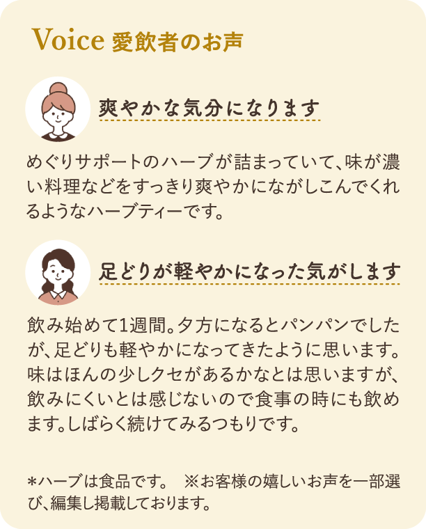 愛飲者のお声：愛飲者様からのご感想を2件ご紹介しております。 お一人目は「常備したいお茶です」という見出しで、「ちょっと食べ過ぎたな、ムカムカするな…という時に、飲むとすっきりし、実に飲みやすい。毎日飲んでも飽きがこない味。」とコメントされています。 お二人目は「リピーターです」という見出しで、「レモングラスが、爽やかに香るさっぱりとした飲み口です。もう何度もリピート。ホットでもアイスでも美味しい。クセがないのでハーブティーを始める方にもおすすめしたいです。」とコメントされています。 パネル下部には「*ハーブは食品です。*お客様の嬉しいお声を一部選び、編集し掲載しております。」という注釈がございます。