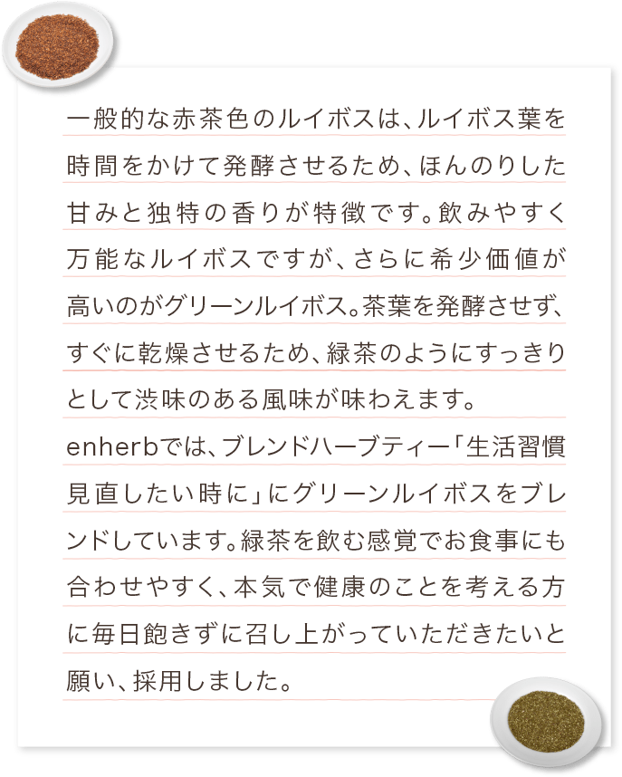 一般的に知られている赤茶色のルイボスは、ルイボス葉を時間をかけて発酵させるため、ほんのり甘みと独特の香りが特徴。ただでさえ飲みやすく万能で重宝されるルイボスですが、さらに希少価値が高いのがグリーンルイボス。グリーンルイボスは茶葉を発酵させずすぐに乾燥させるため、緑色のままで、緑茶のようにすっきりとして渋味のあ る風味です。enherbでは、ブレンドハーブティー「生活習慣見直したい時に」にグリーンルイボスをブレンドしています。お食事にも合わせやすく、本気で健康のことを考える方に毎日飽きずに召し上がっていただきたいと願い、採用しました。