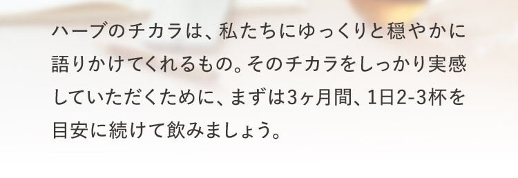 ハーブのチカラは、私たちにゆっくりと穏やかに語りかけてくれるもの。そのチカラをしっかり実感していただくために、まずは3ヶ月間、1日2-3杯を目安に続けて飲みましょう。