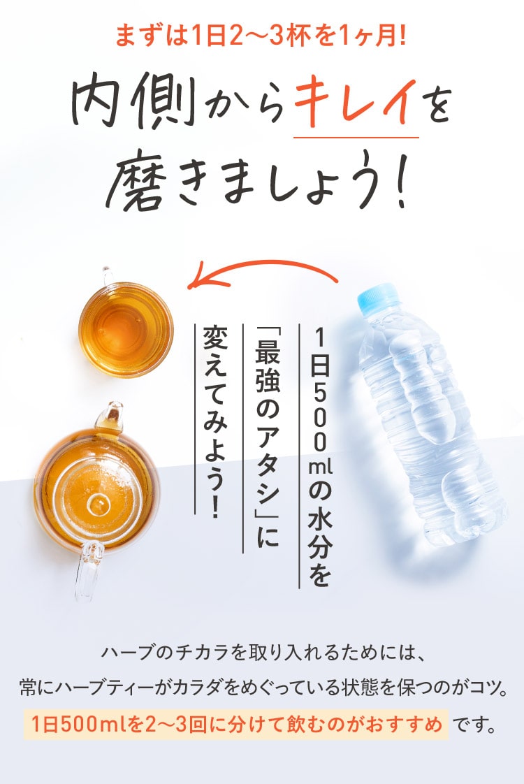 まずは1日2～3杯を1ヶ月! 内側からキレイを磨きましょう! 1日500mlの水分を「最強のアタシ」に変えてみよう！ ハーブのチカラを取り入れるためには、常にハーブティーがカラダをめぐっている状態を保つのがコツ。1日500mlを2～3回に分けて飲むのがおすすめです。