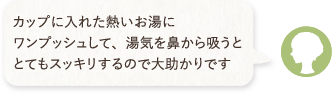 カップに入れた熱いお湯にワンプッシュして、湯気を鼻から吸うととてもスッキリするので大助かりです