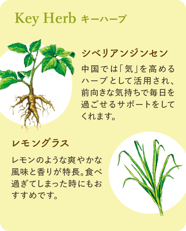 キーハーブ：シベリアンジンセン 中国では「気」を高めるハーブとして活用され、前向きな気持ちで毎日を過ごせるサポートをしてくれます。 レモングラス レモンのような爽やかな風味と香りが特長。食べ過ぎてしまった時にもおすすめです。
