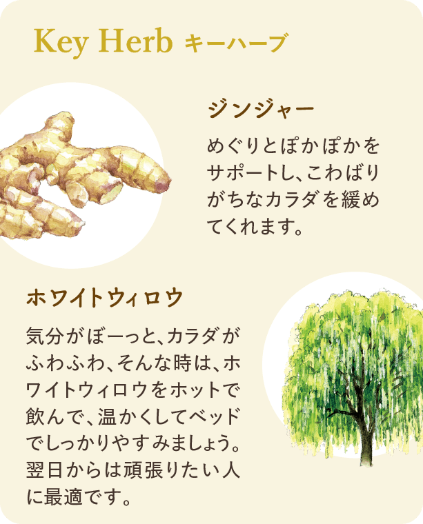 キーハーブ：ジンジャー めぐりとぽかぽかをサポートし、こわばりがちなカラダを緩めてくれます。 ホワイトウィロウ 気分がぼーっと、カラダがふわふわ、そんな時は、ホワイトウィロウをホットで飲んで、温かくしてベッドでしっかりやすみましょう。翌日からは頑張りたい人に最適です。
