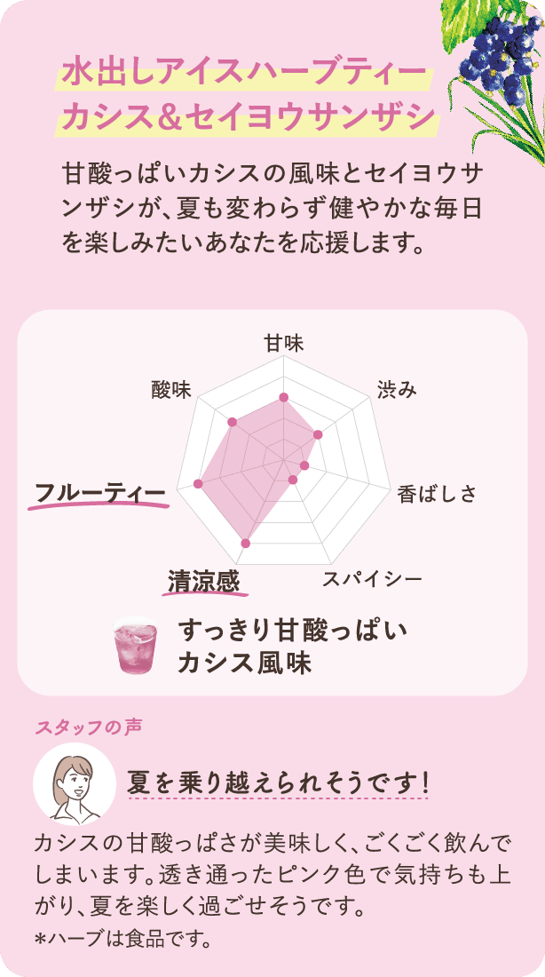 水出しアイスハーブティーカシス&セイヨウサンザシ 甘酸っぱいカシスの風味とセイヨウサンザシが、夏も変わらず健やかな毎日を楽しみたいあなたを応援します。