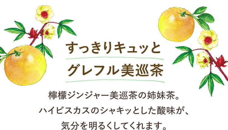 すっきりキュッと グレフル美巡茶 檸檬ジンジャー美巡茶の姉妹茶。ハイビスカスのシャキッとした酸味が、気分を明るくしてくれます。
