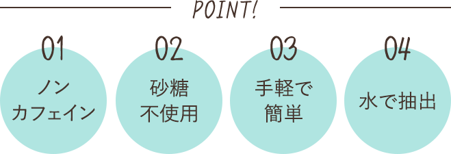 ポイント 1ノンカフェイン 2砂糖不使用 3手軽で簡単 4水で抽出