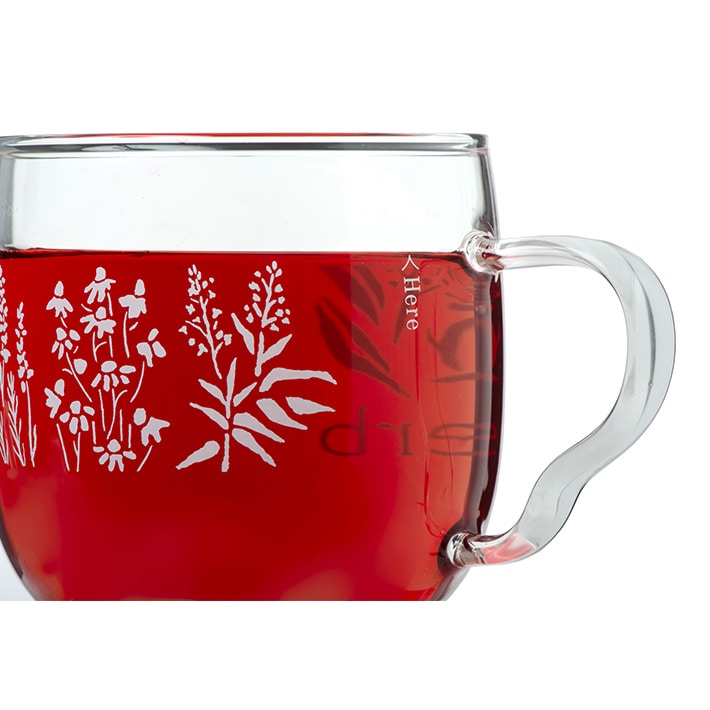 ザ ハーブティーカップhereマークまでお湯を注ぐだけで誰でも美味しいハーブティーを淹れていただけます。