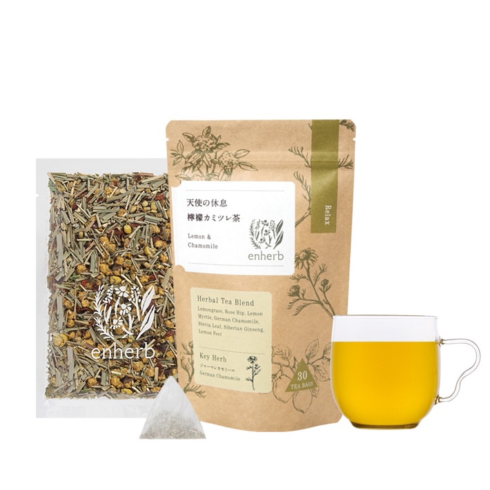 檸檬カミツレ茶 優しい風味のカモミールとレモンのキュンとする甘酸っぱい風味が、忙しい毎日の中でも心地よいひとときを演出してくれます。