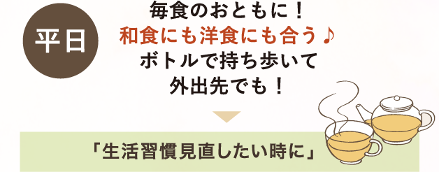 平日 毎食のおともに！和食にも洋食にも合う ボトルで持ち歩いて外出先でも！→「生活習慣見直したい時に」