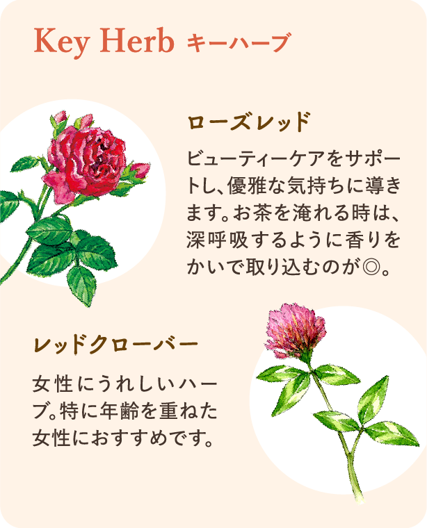キーハーブ：ローズレッド ビューティーケアをサポートし、優雅な気持ちに導きます。お茶を淹れる時は、深呼吸するように香りをかいで取り込むのが◎ レッドクローバー 女性に嬉しいハーブ。特に年齢を重ねた女性におすすめです。