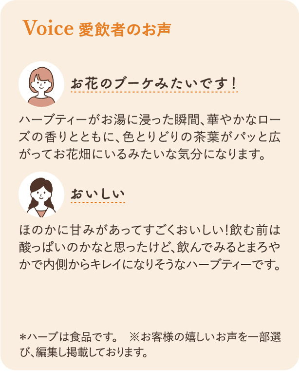 Voice 愛飲者のお声：お花のブーケみたいです！ ハーブティがお湯に浸った瞬間、華やかなローズの香りとともに、色とりどりの茶葉がパッと広がってお花畑にいるみたいにな気分になります。 おいしい　ほのかに甘みがあってすごくおいしい！飲む前は酸っぱいのかなと思ったけど、飲んでみるとまろやかで内側からキレイになりそうなハーブティーです。＊ハーブは食品です　＊お客様の嬉しいお声を一部選び、編集し掲載しております。