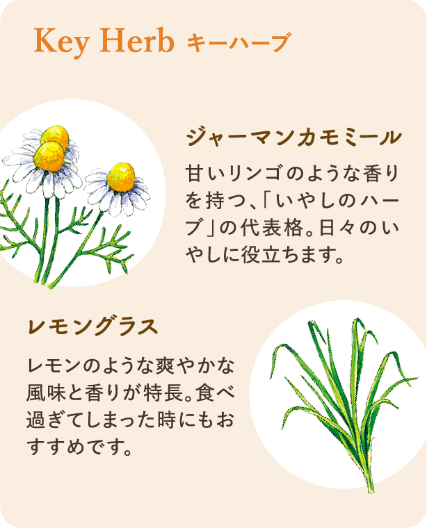 キーハーブ：ジャーマンカモミール 甘いリンゴのような香りを持つ、｢いやしのハーブ｣の代表格。日々のいやしに役立ちます。 レモングラス レモンのような爽やかな風味と香りが特長。食べ過ぎてしまった時にもおすすめです。