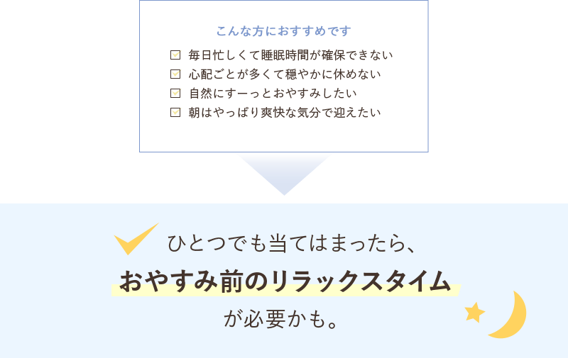 こんな方におすすめです　・毎日忙しくて睡眠時間が確保できない ・心配ごとが多くて穏やかに休めない ・自然にすーっとおやすみしたい ・朝はやっぱり爽快な気分で迎えたい　→　ひとつでも当てはまったら、おやすみ前のリラックスタイムが必要かも。