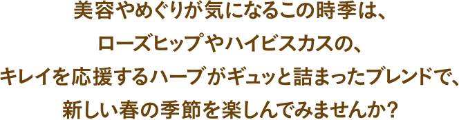 美容やめぐりが気になるこの時季は、ローズヒップやハイビスカスの、キレイを応援するハーブがギュッと詰まったブレンドで、新しい春の季節を楽しんでみませんか？