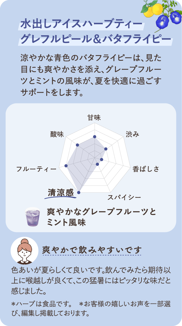 水出しアイスハーブティー グレフルピール＆バタフライピー 涼やかな青色が見た目に爽やかな印象を与え、グレープフルーツとミントの風味が、夏を快適に過ごすサポートをします。「爽やかで飲みやすいです」色あいが夏らしくて良いです。飲んでみたら期待以上に喉越しが良くて、この猛暑にはピッタリな味だと感じました。＊ハーブは食品です。　＊お客様の嬉しいお声を一部選び、編集し掲載しております。