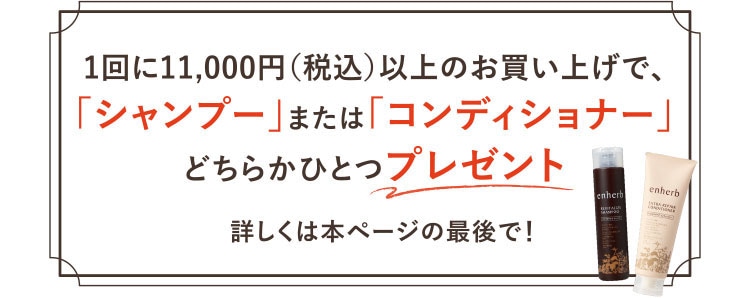 1回に11,000円（税込）以上のお買い上げで、「シャンプー」または「コンディショナー」どちらかひとつプレゼント 詳しくは本ページの最後で！