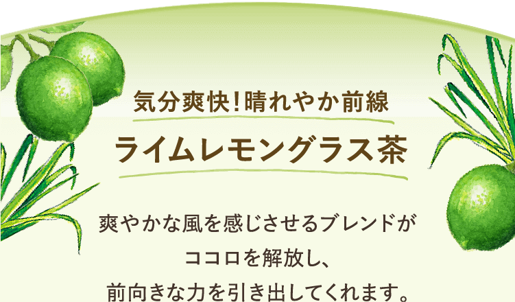 気分爽快！晴れやか前線 ライムレモングラス茶 茶葉タイプ　爽やかな風を感じさせるブランドがココロを解放し、前向きな力を引き出してくれます。
