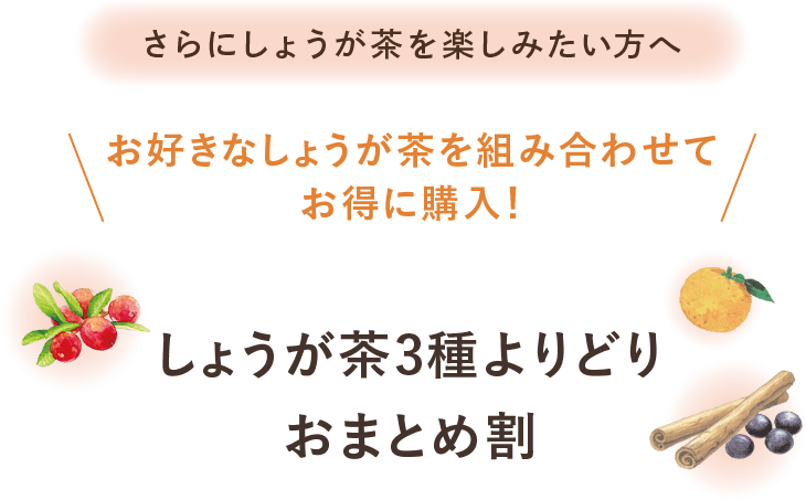 さらにしょうが茶を楽しみたい方へ お好きなしょうが茶を組み合わせてお得に購入！しょうが茶3種よりどりおまとめ割