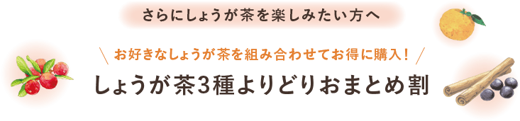 さらにしょうが茶を楽しみたい方へ お好きなしょうが茶を組み合わせてお得に購入！しょうが茶3種よりどりおまとめ割